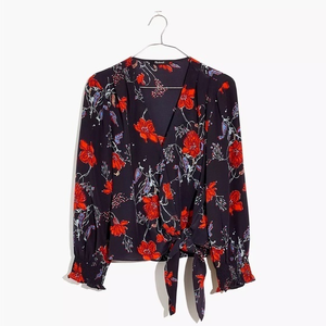 Madewell XS Silk Smocked-Sleeve Wrap‎ Top
